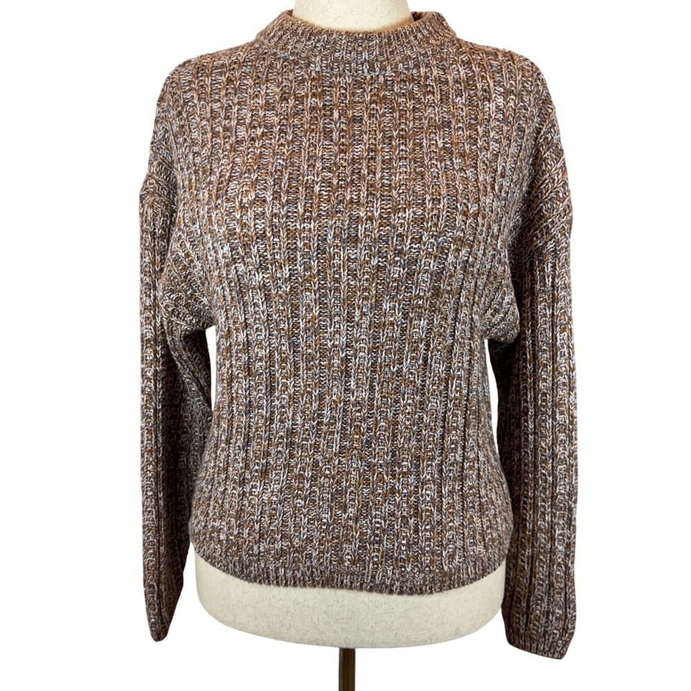 Ribbed Knit Sweater Women's S‎ Brown White Gray Crewneck Cozy Chunky Normcore